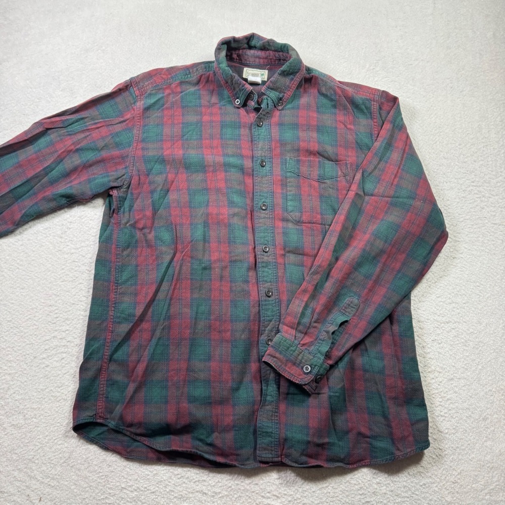 LL Bean Flannel Shirt Men L Red Green Plaid Cotton Button Down Fair Rugged Cabin